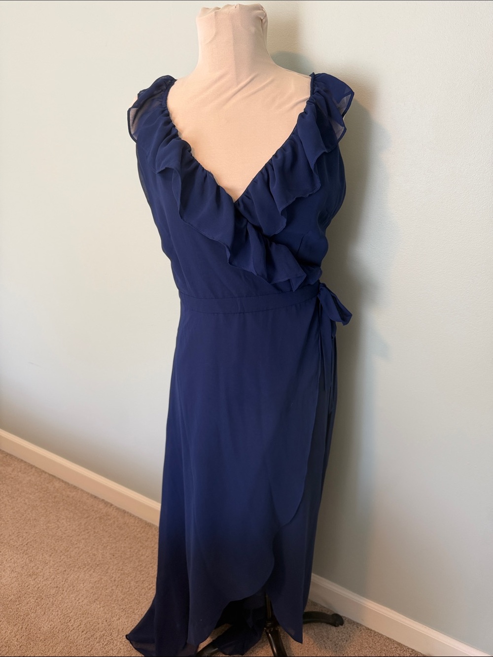 BB Dakota Navy Ruffle Wrap Midi Dress